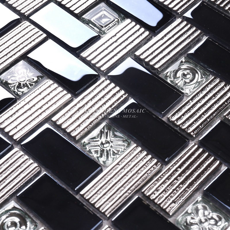 HDT01 12x12 Kwadratowy wzór Galwanizacja Błyszczące czarne i srebrne opalizujące szklane mozaiki ścienne dekoracyjne