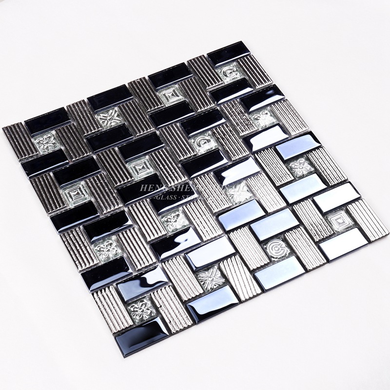 HDT01 12x12 Kwadratowy wzór Galwanizacja Błyszczące czarne i srebrne opalizujące szklane mozaiki ścienne dekoracyjne