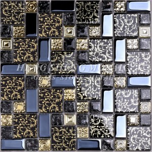 HDT02 Arabeskowy Nowy projekt Złota linia Laminowane czarne szkło artystyczne Kwiatowy wzór mozaiki Płytki do kuchni Backsplash Wall